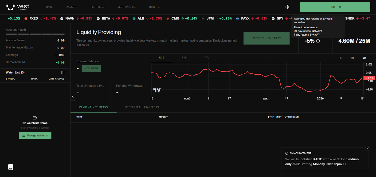 Vest Exchange liquidity pool APY rate