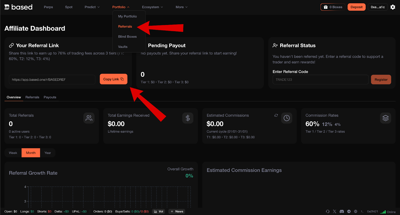 Màn hình hệ thống referral BasedOneX airdrop