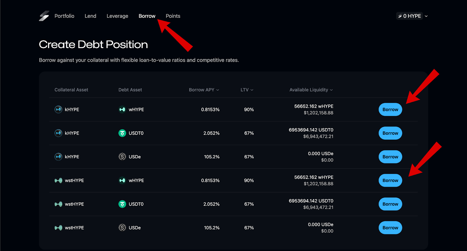 Sentiment Retrodrop borrowing screen