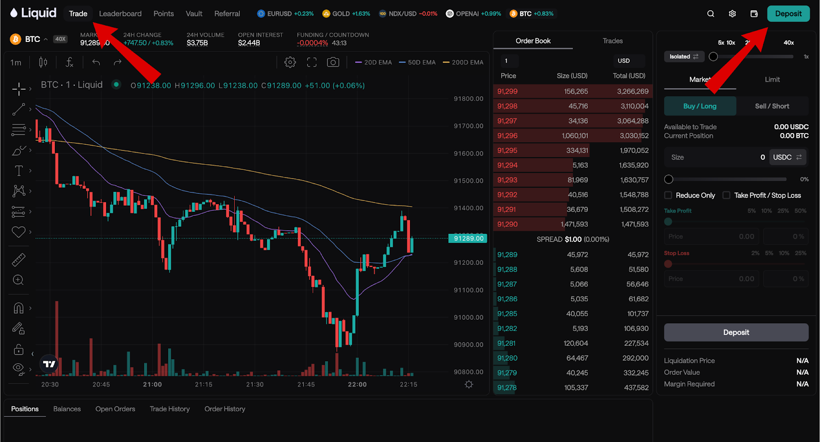 Liquid DEX airdrop trading screen
