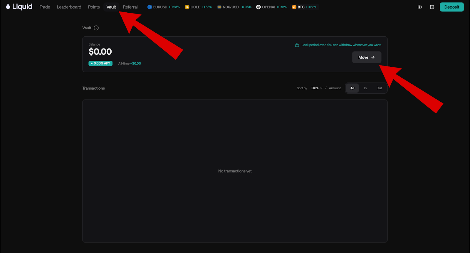 Liquid DEX airdrop vault screen