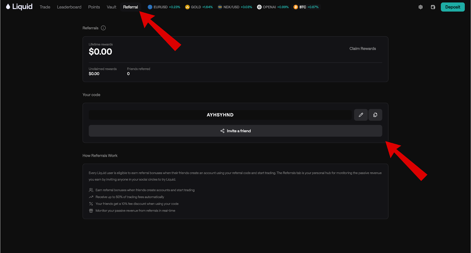 Liquid DEX airdrop referral program screen