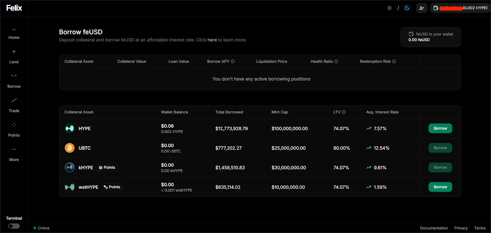 Felix stablecoin borrow
