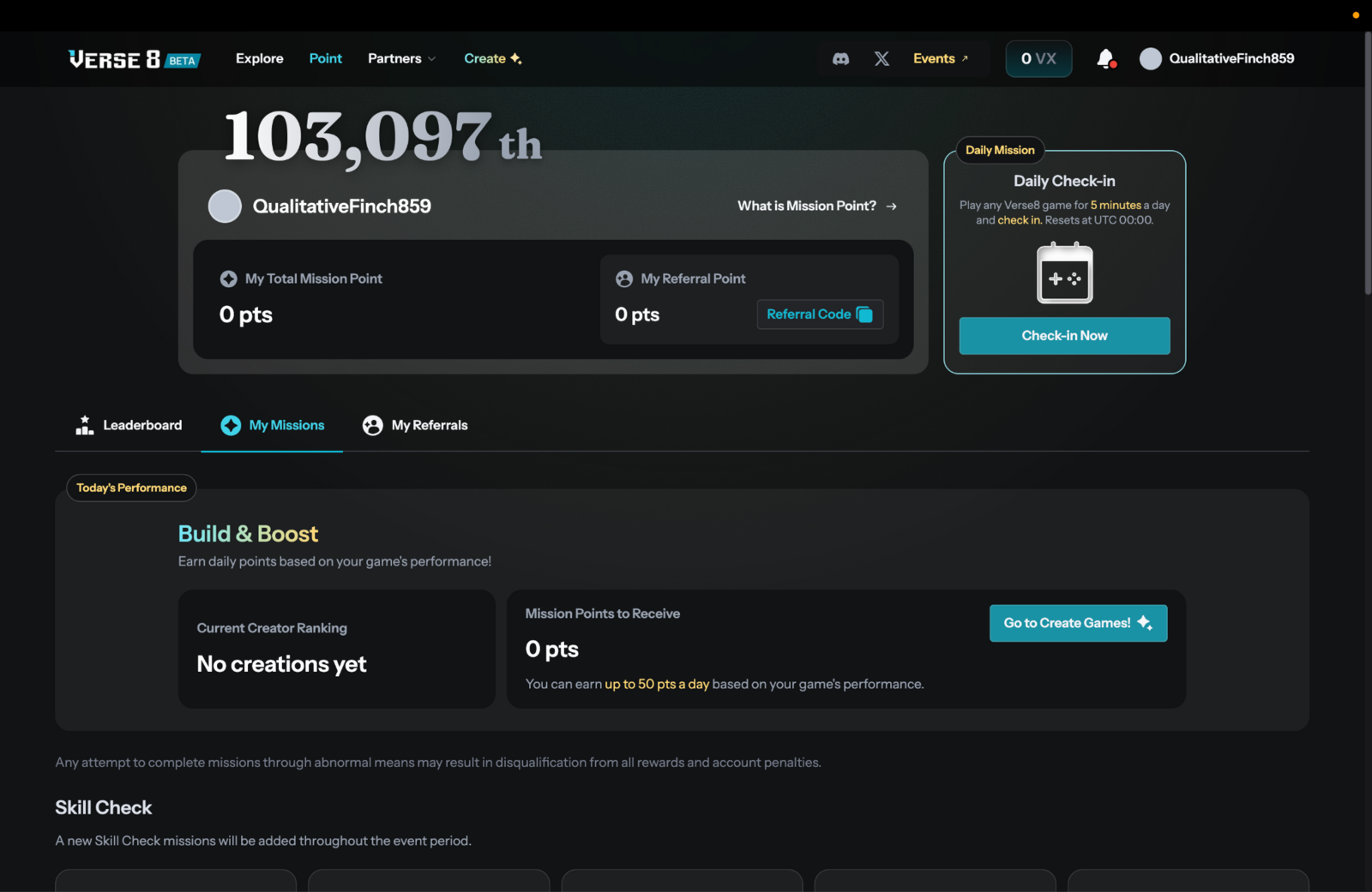 Verse8 points dashboard
