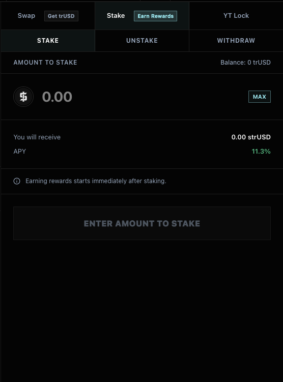 Staking trUSD for strUSD on Tori Finance crypto