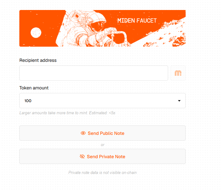 Miden testnet faucet page