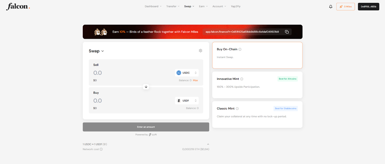 Falcon Finance swap tab