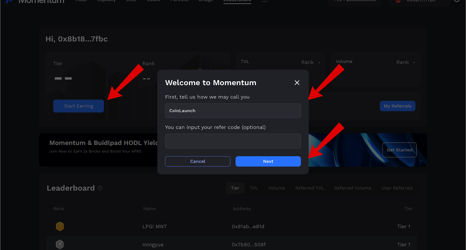 Momentum airdrop welcome screen