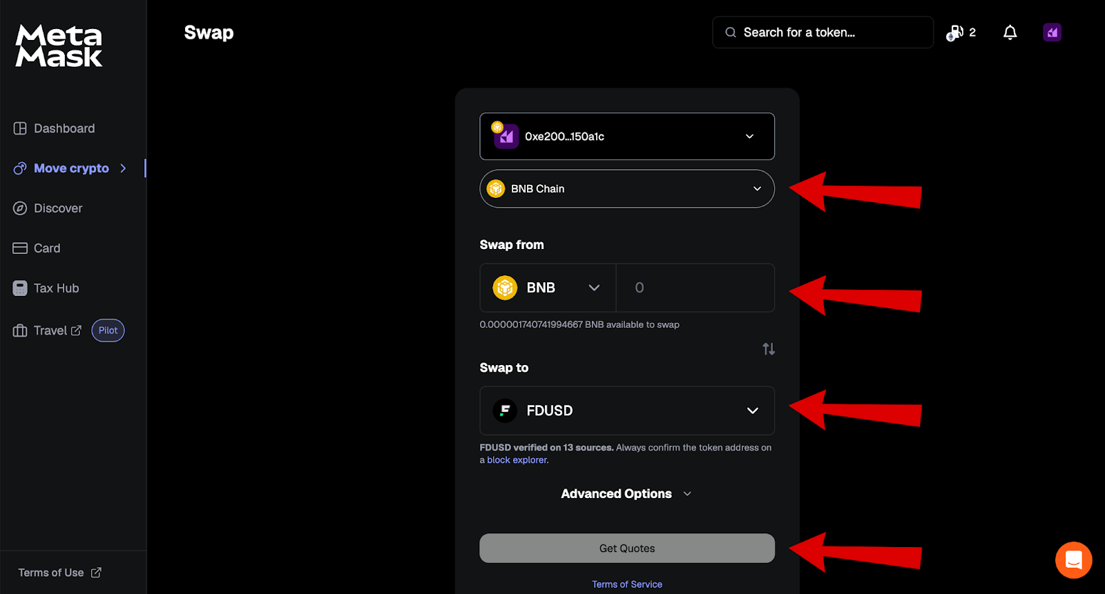 MetaMask airdrop swaps screen