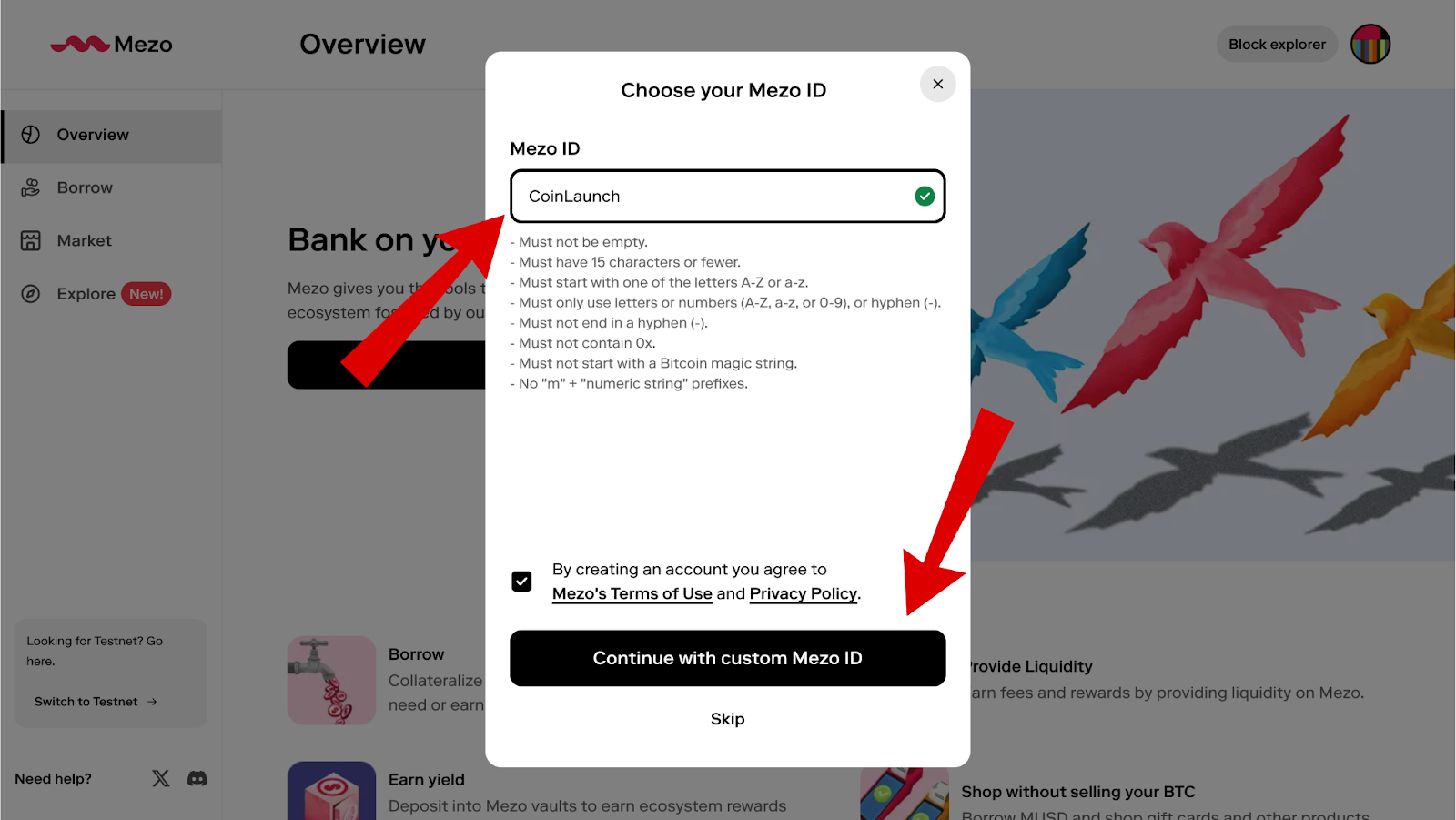 Mezo Network airdrop Mezo ID screen