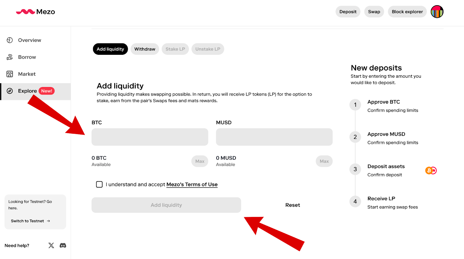 Mezo Network airdrop adding liquidity screen
