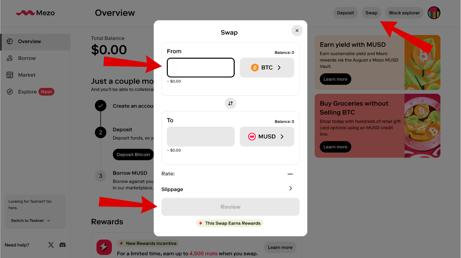 Mezo Network airdrop swapping screen
