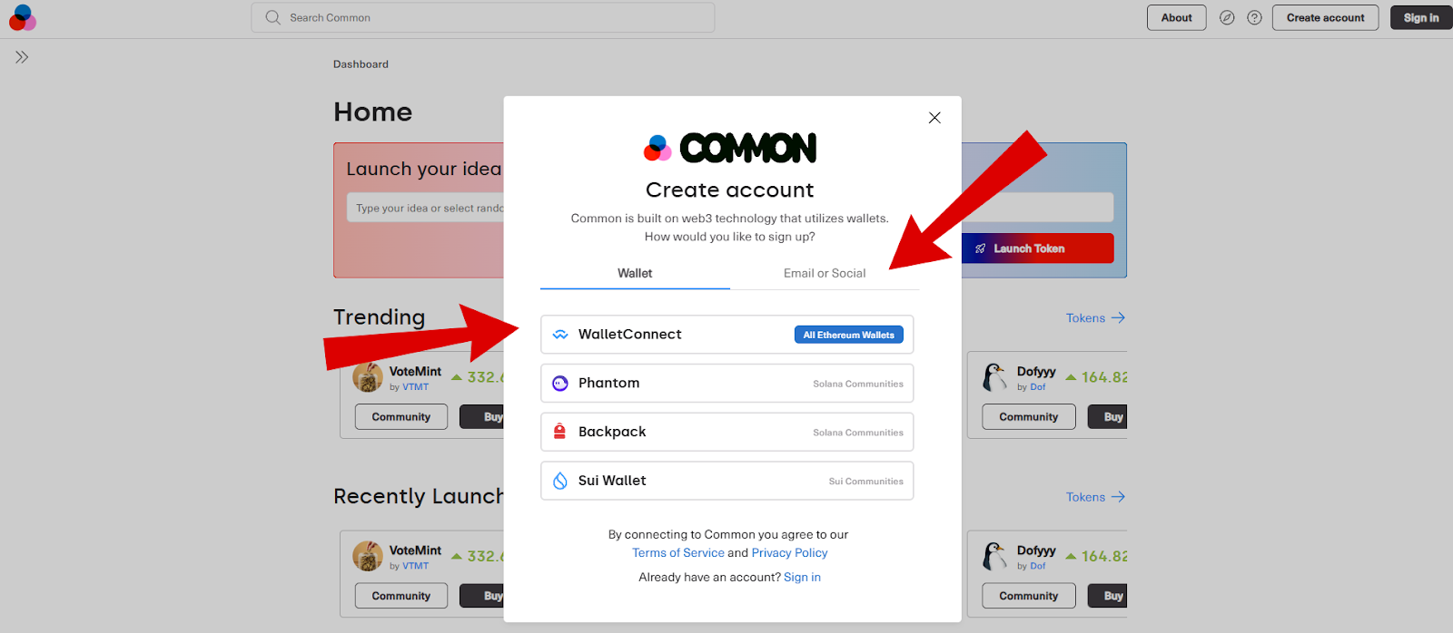 Common airdrop sign up screen