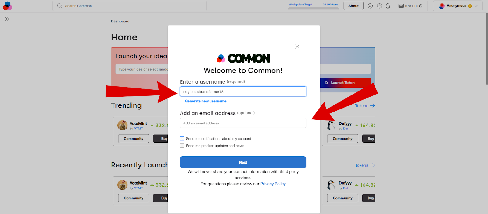 Common Airdrop username creation screen