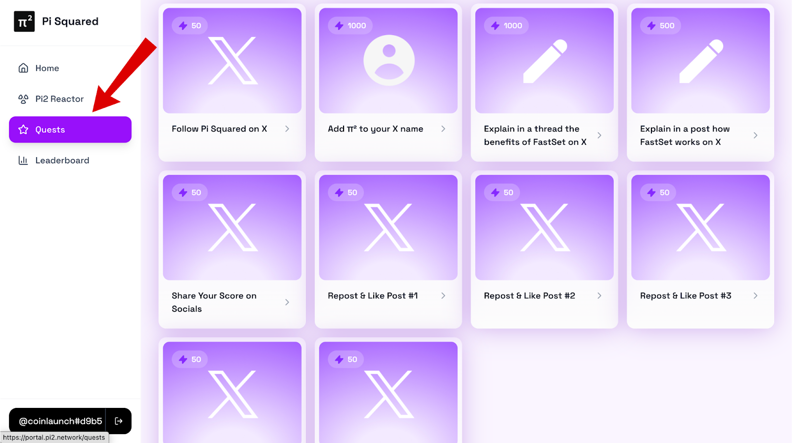 Pi Squared Airdrop quests screen