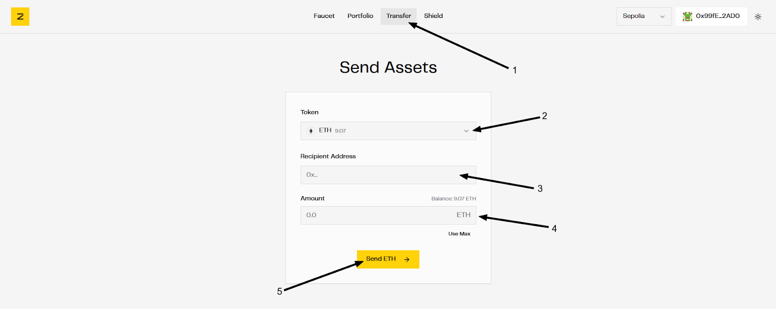 Send assets zama testnet