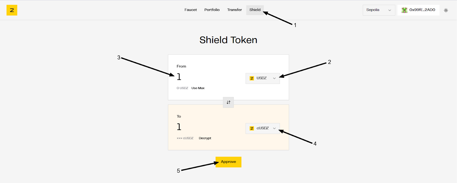 Shield tab Zama testnet