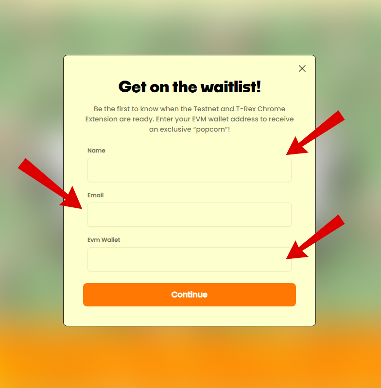 Màn hình đăng ký waitlist T-Rex Chain