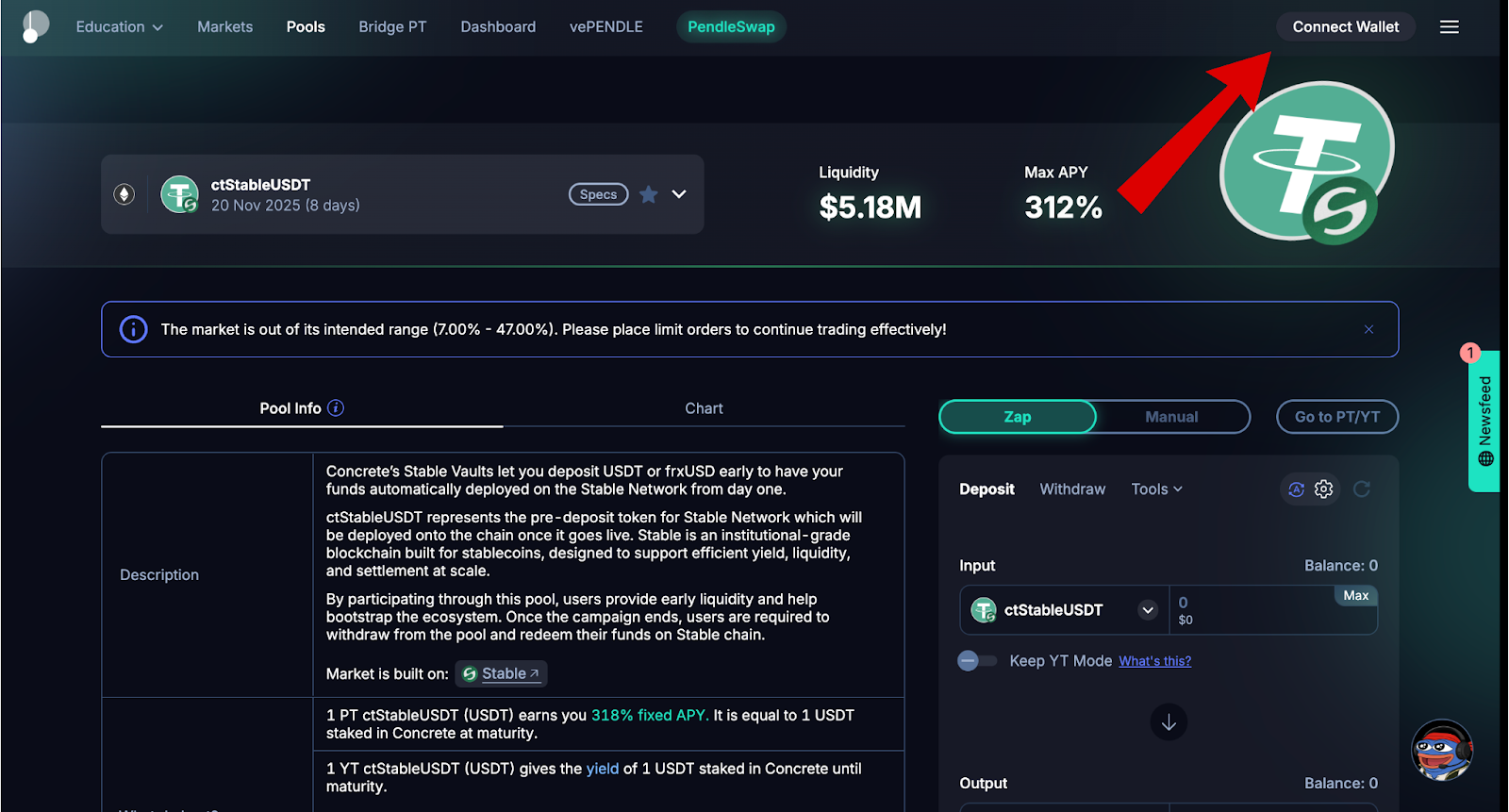 Màn hình kết nối ví chiến dịch Pre-deposit của Stablechain