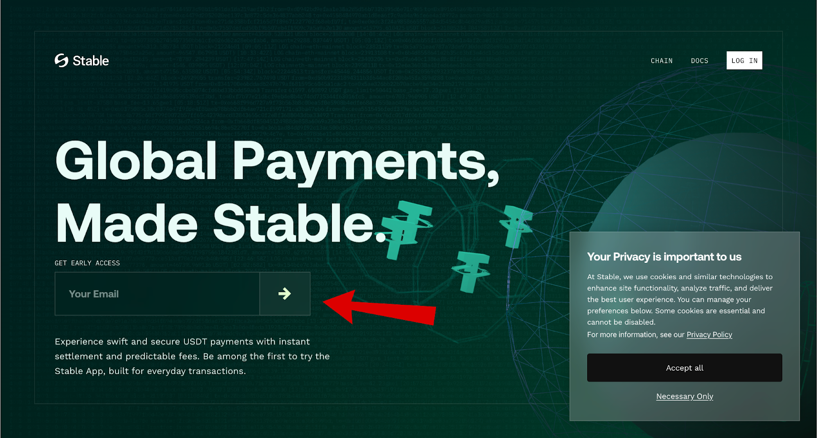 Màn hình truy cập sớm Testnet Stable