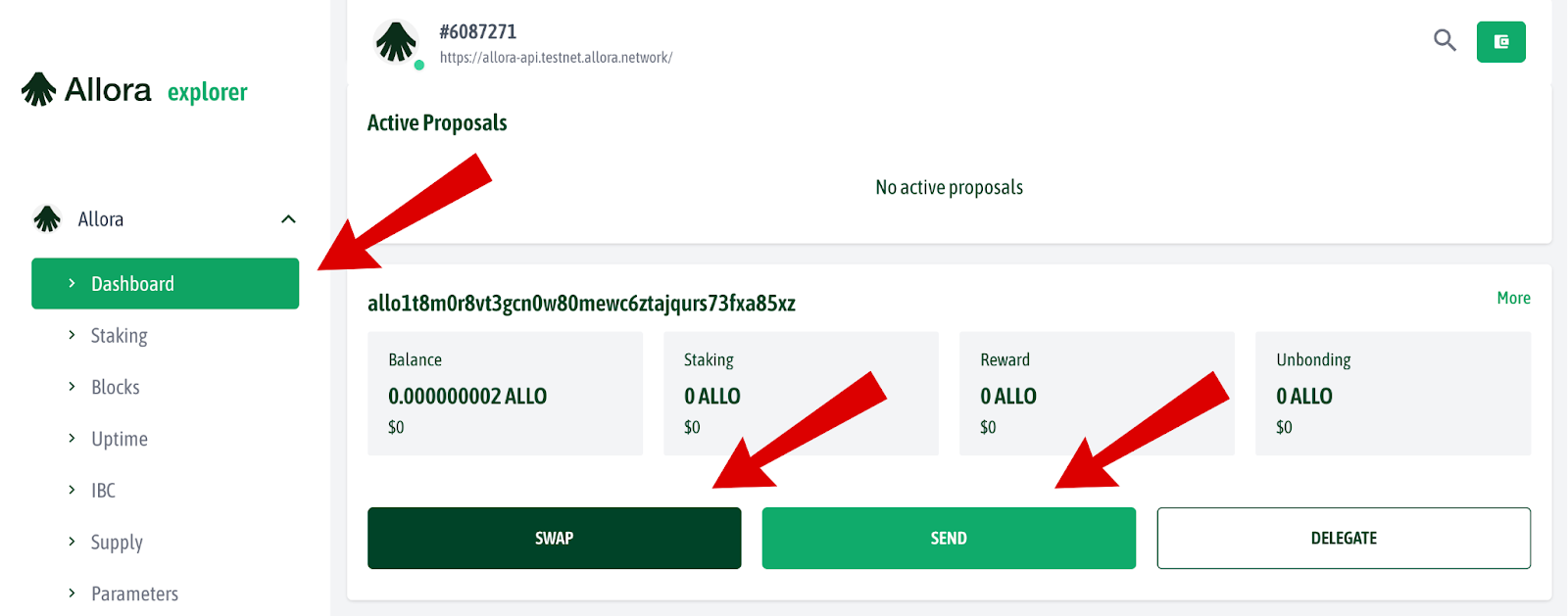 Allora Network swap screen