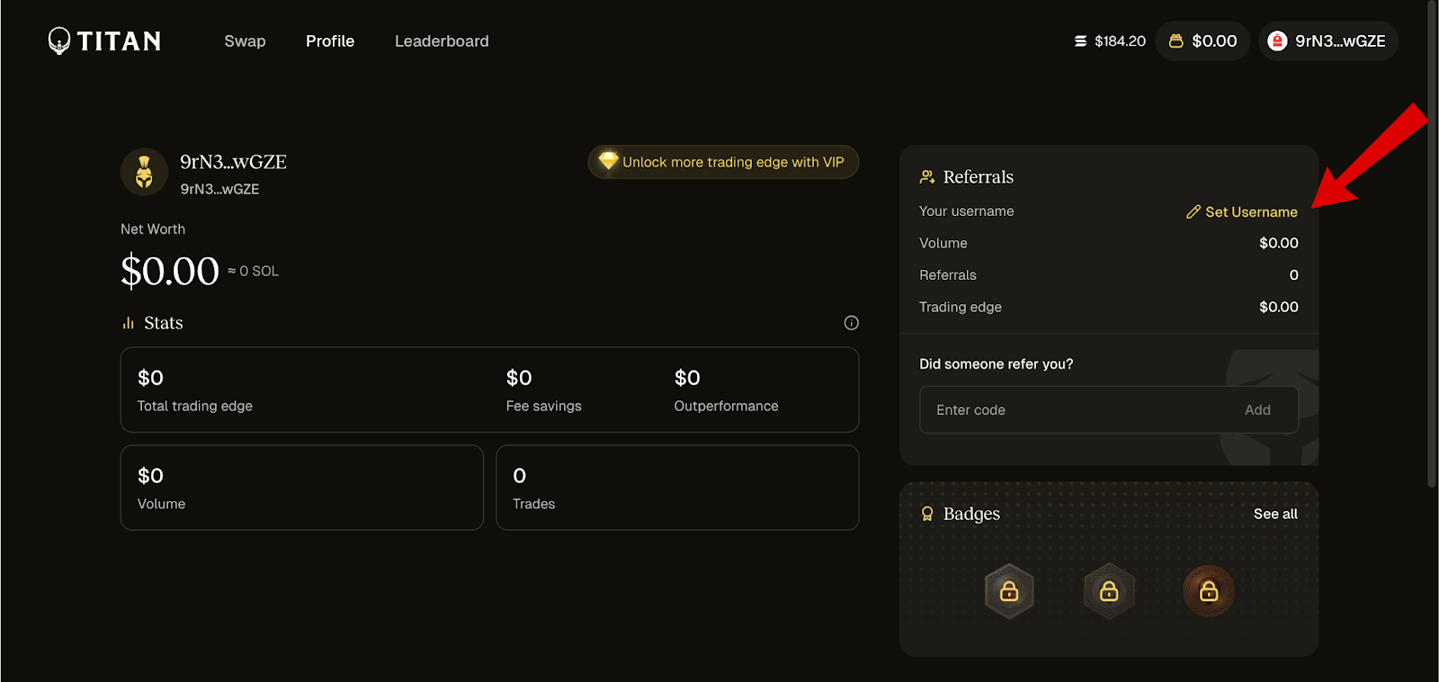 Màn hình username Titan Exchange