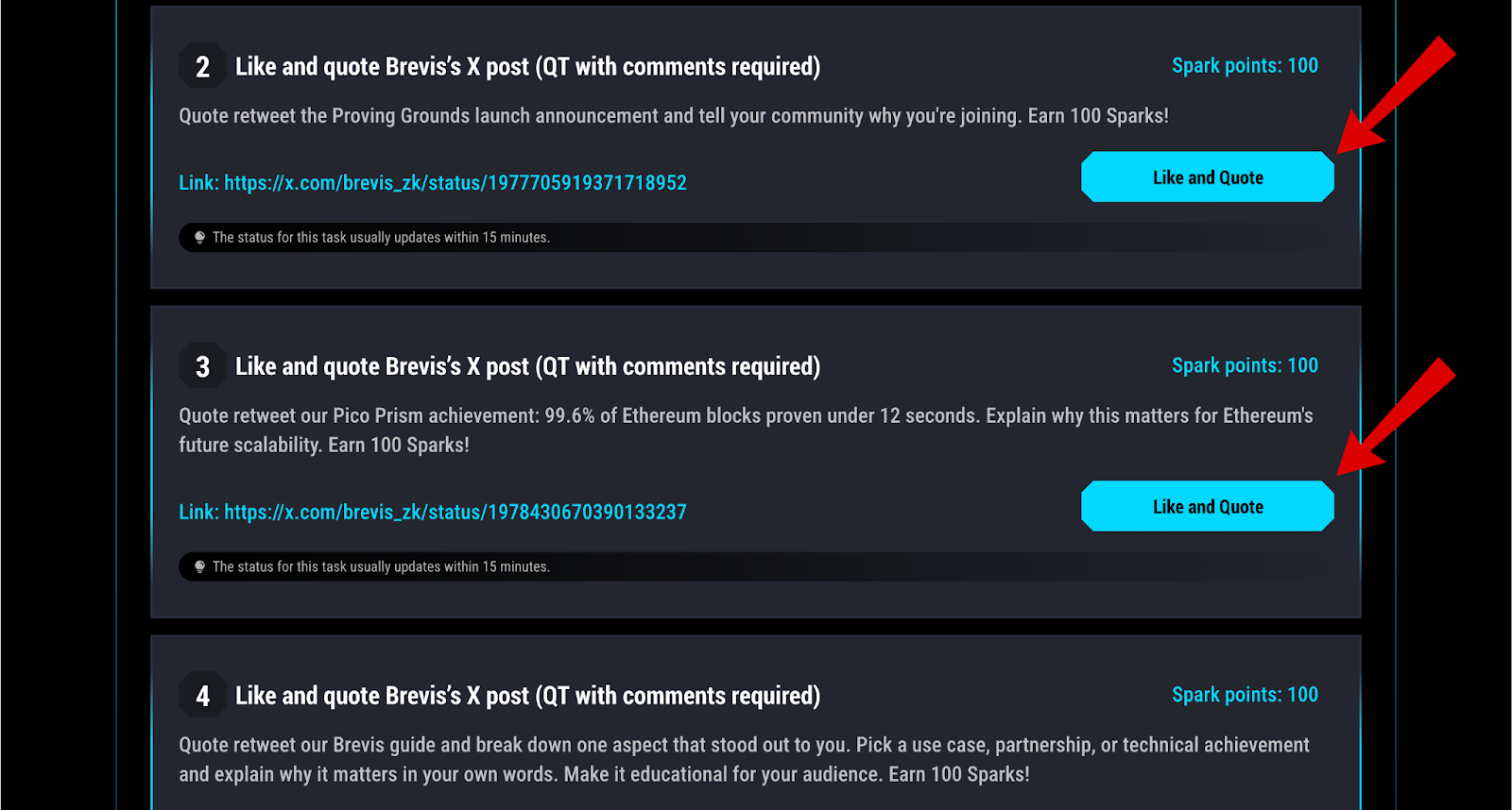 Brevis Network tasks screen