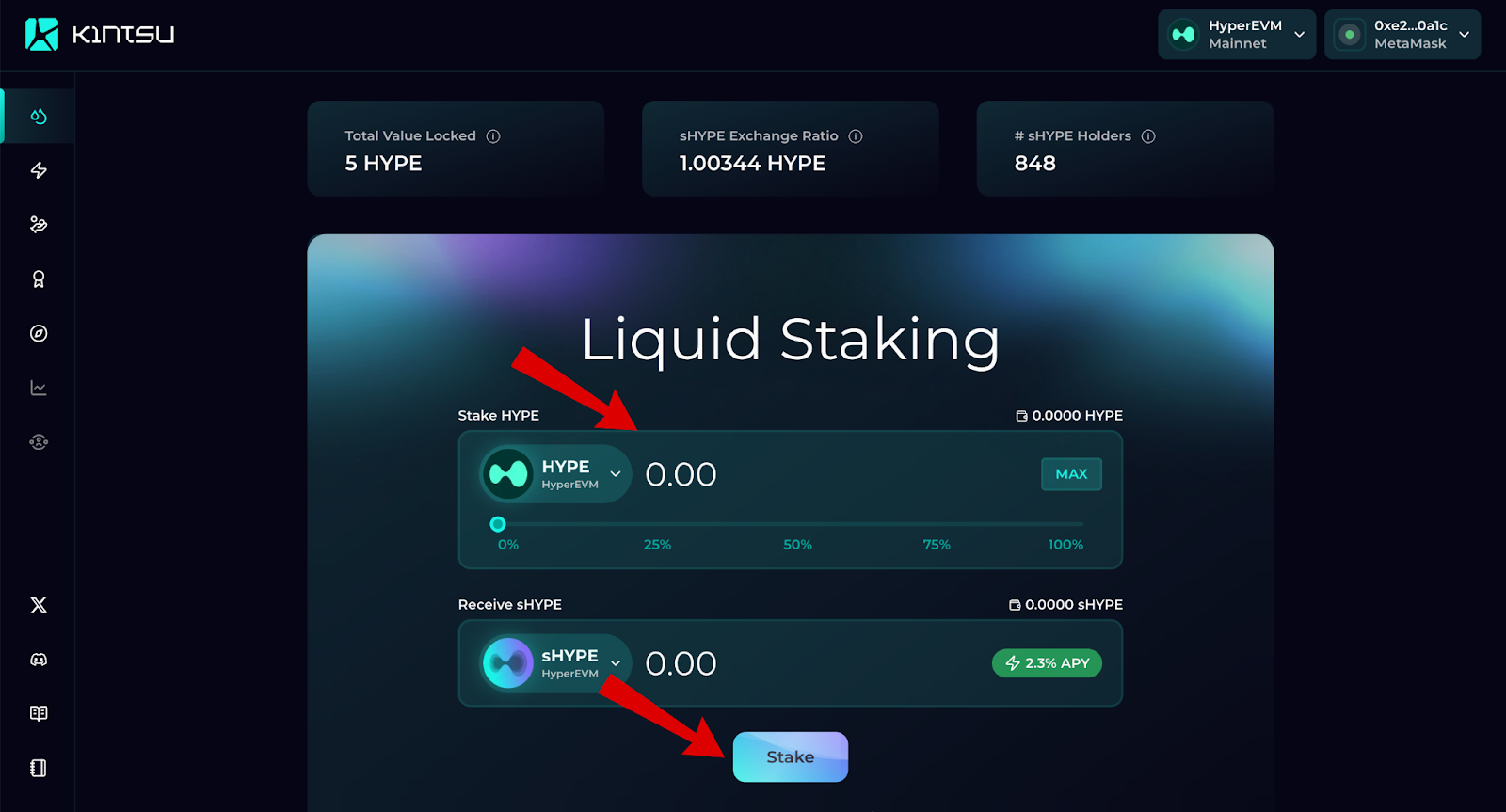 Kintsu airdrop staking screen