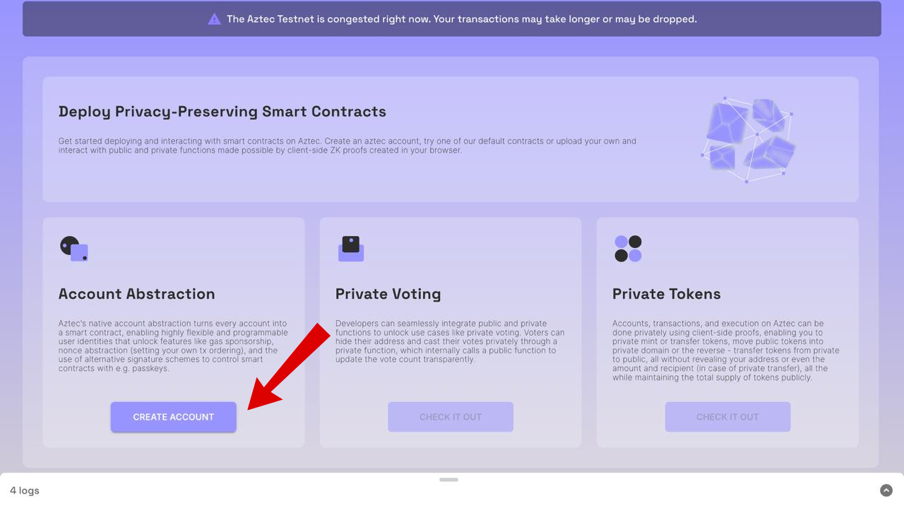 Màn hình tạo tài khoản Aztec Testnet