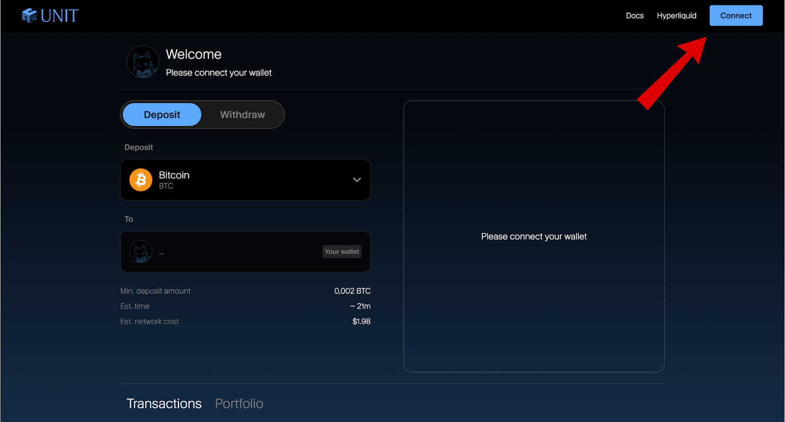 Màn hình kết nối ví Airdrop Hyperunit