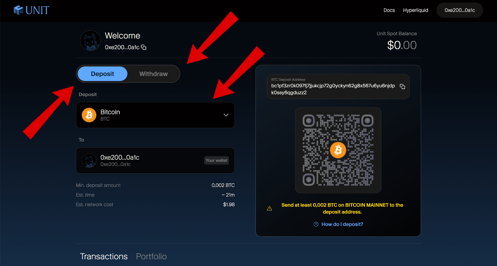 Màn hình nạp tiền Airdrop Hyperunit