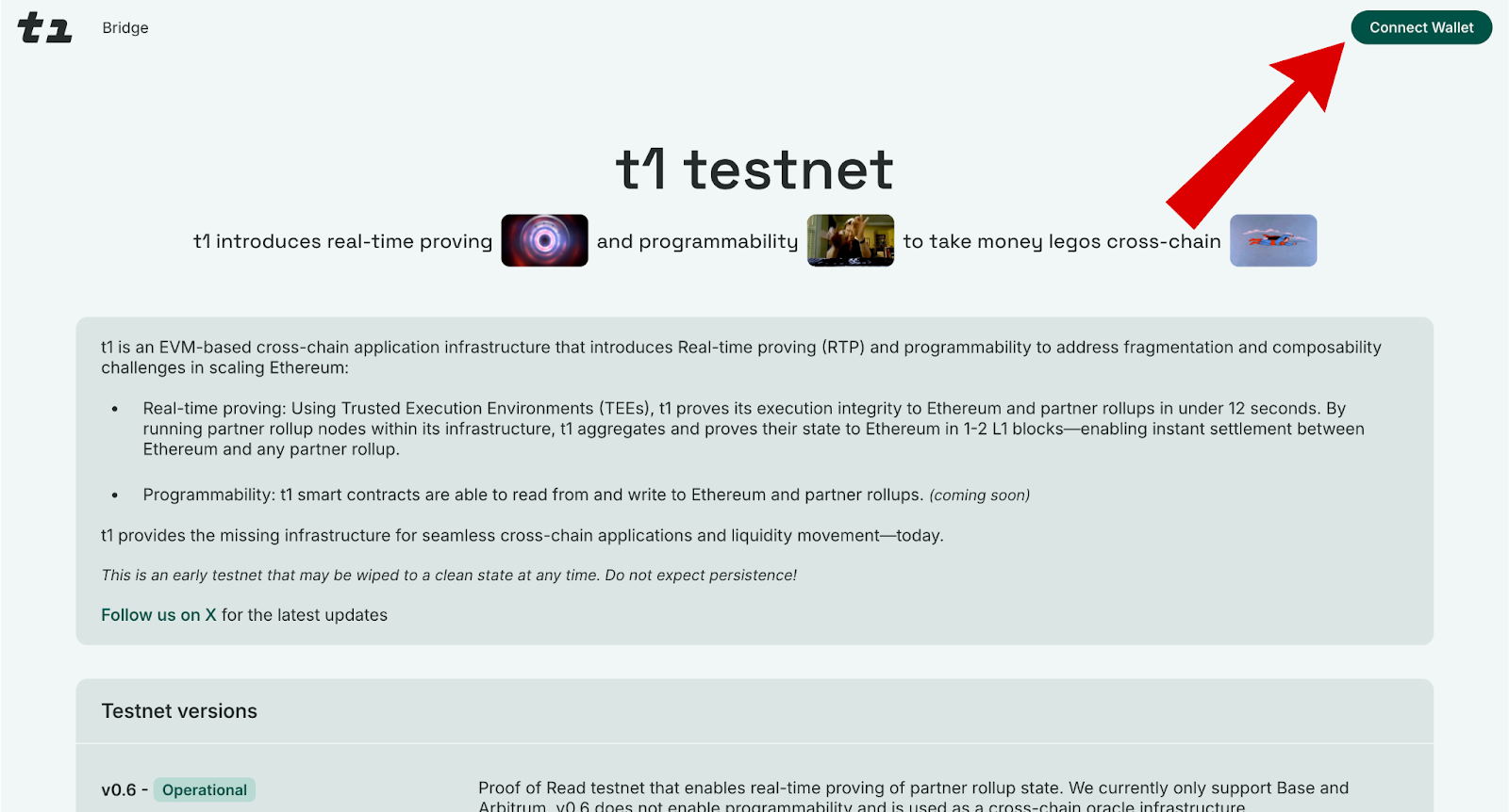 t1 Protocol connect wallet screen