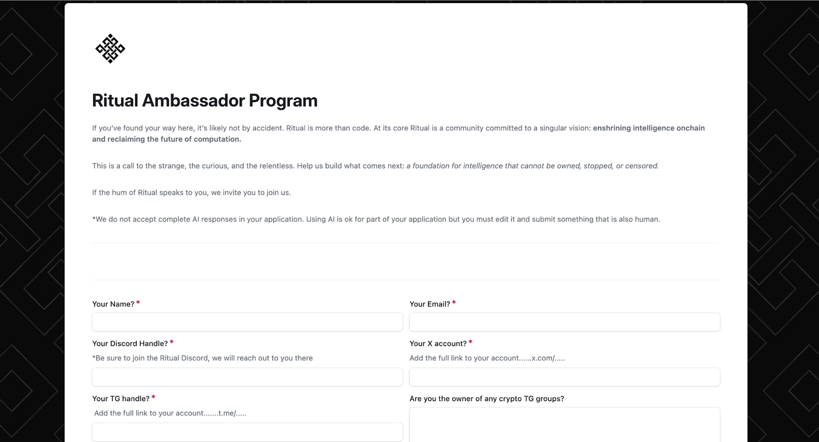 Ritual AI ambassador program screen