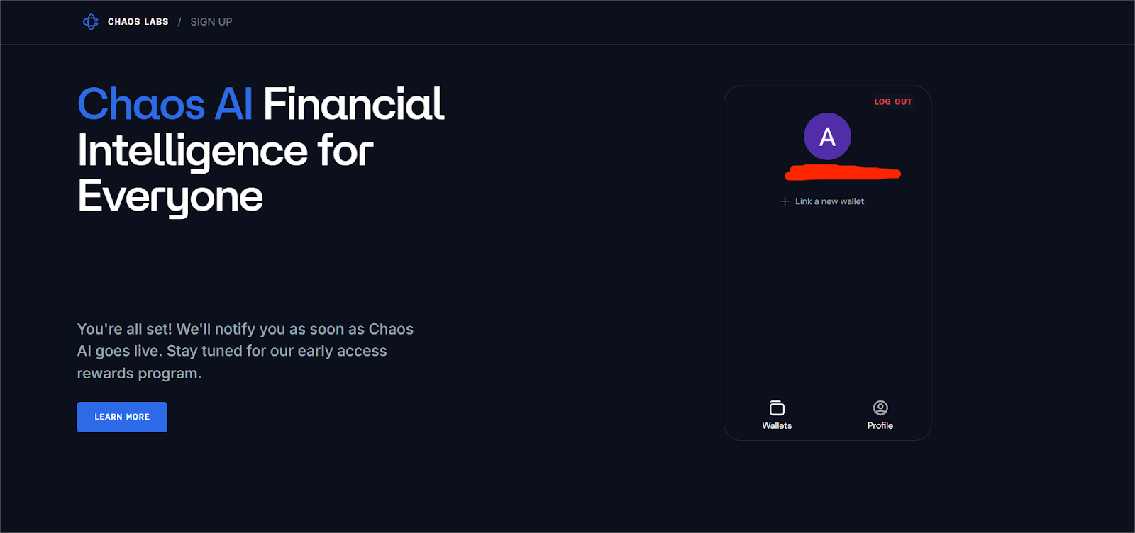 Chaos AI waitlist wallet connect