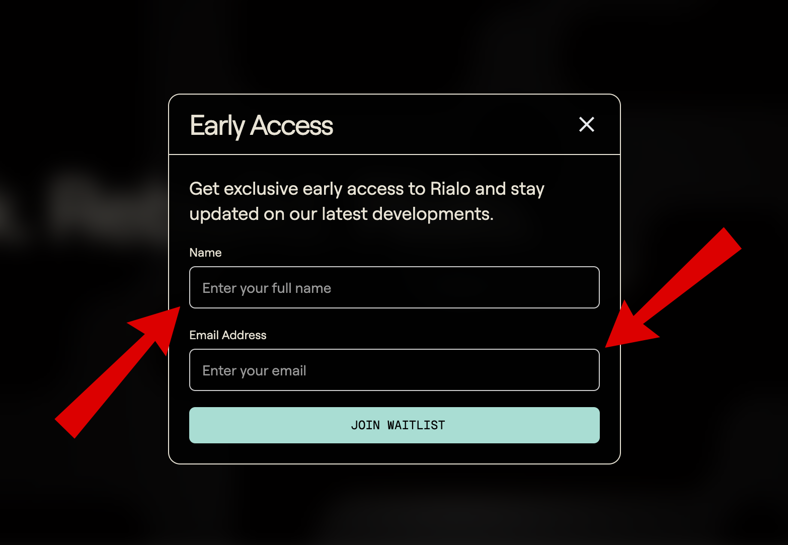 Rialo waitlist enter screen