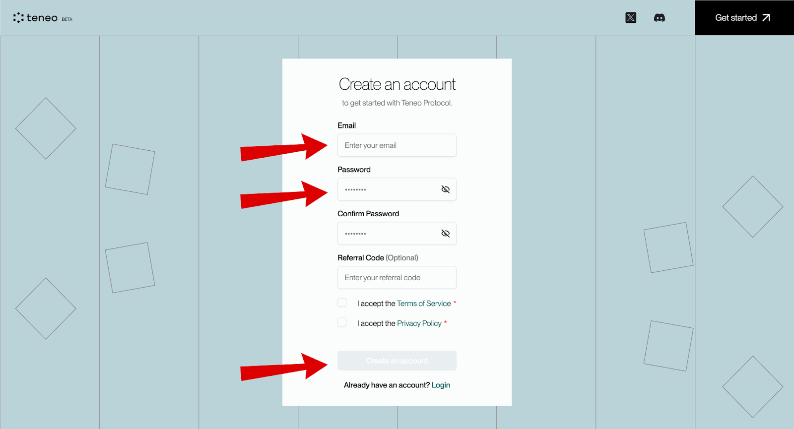 Màn hình đăng ký Teneo Airdrop