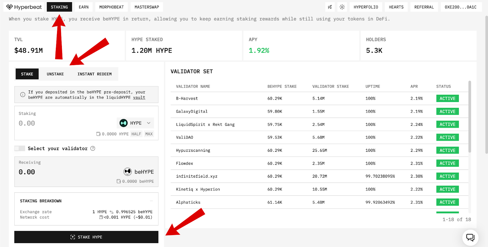 Màn hình staking HYPE Hyperbeat airdrop