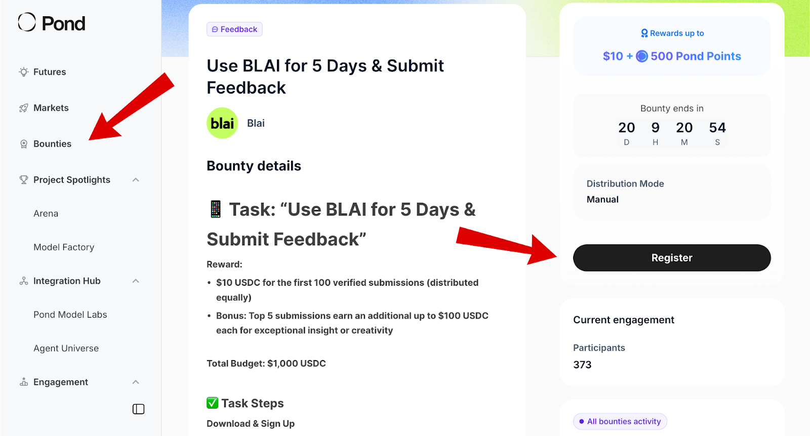 Màn hình đăng ký bounties của Pond Airdrop