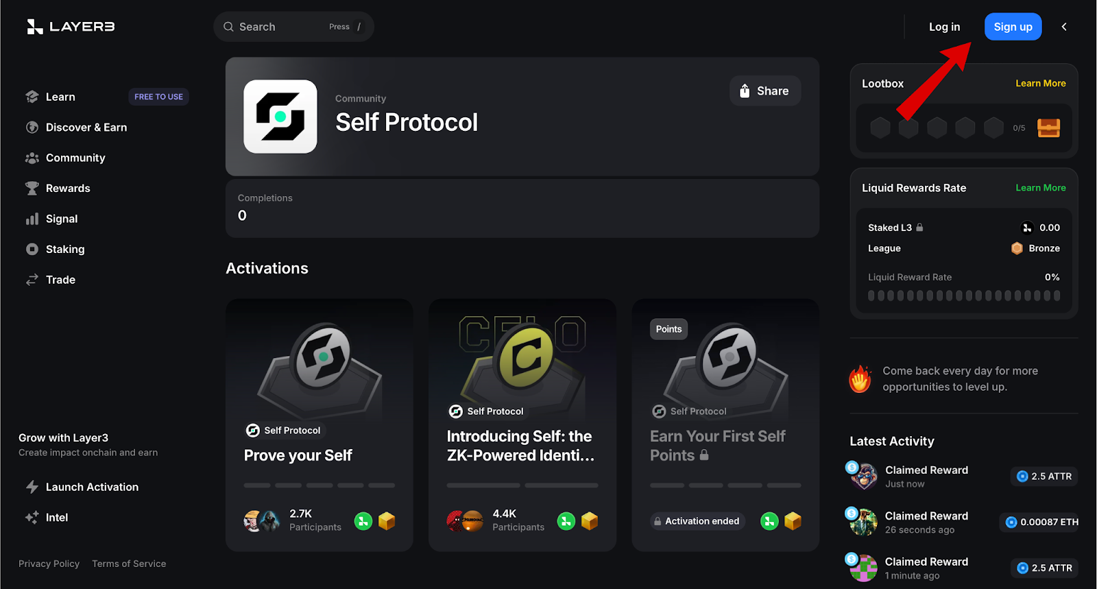 Self Protocol airdrop Layer3 screen