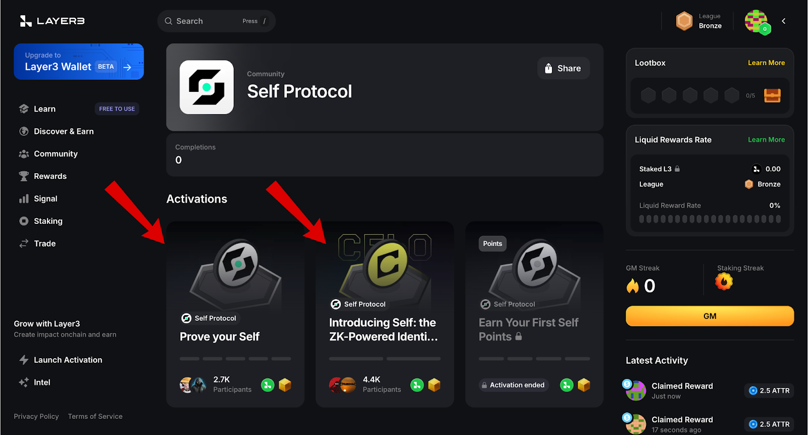Self Protocol airdrop Layer3 quests screen