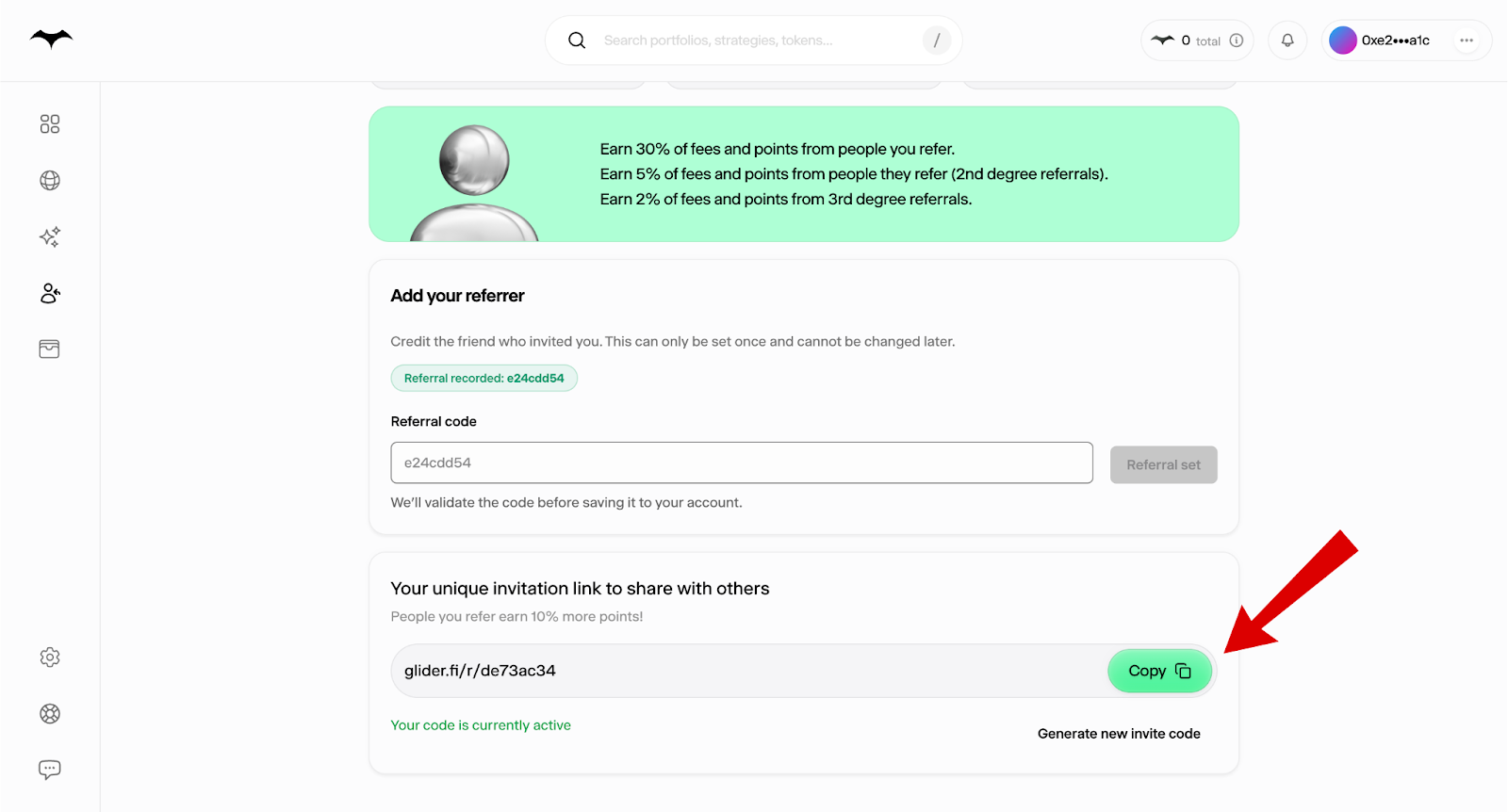 Glider Airdrop referral system screen