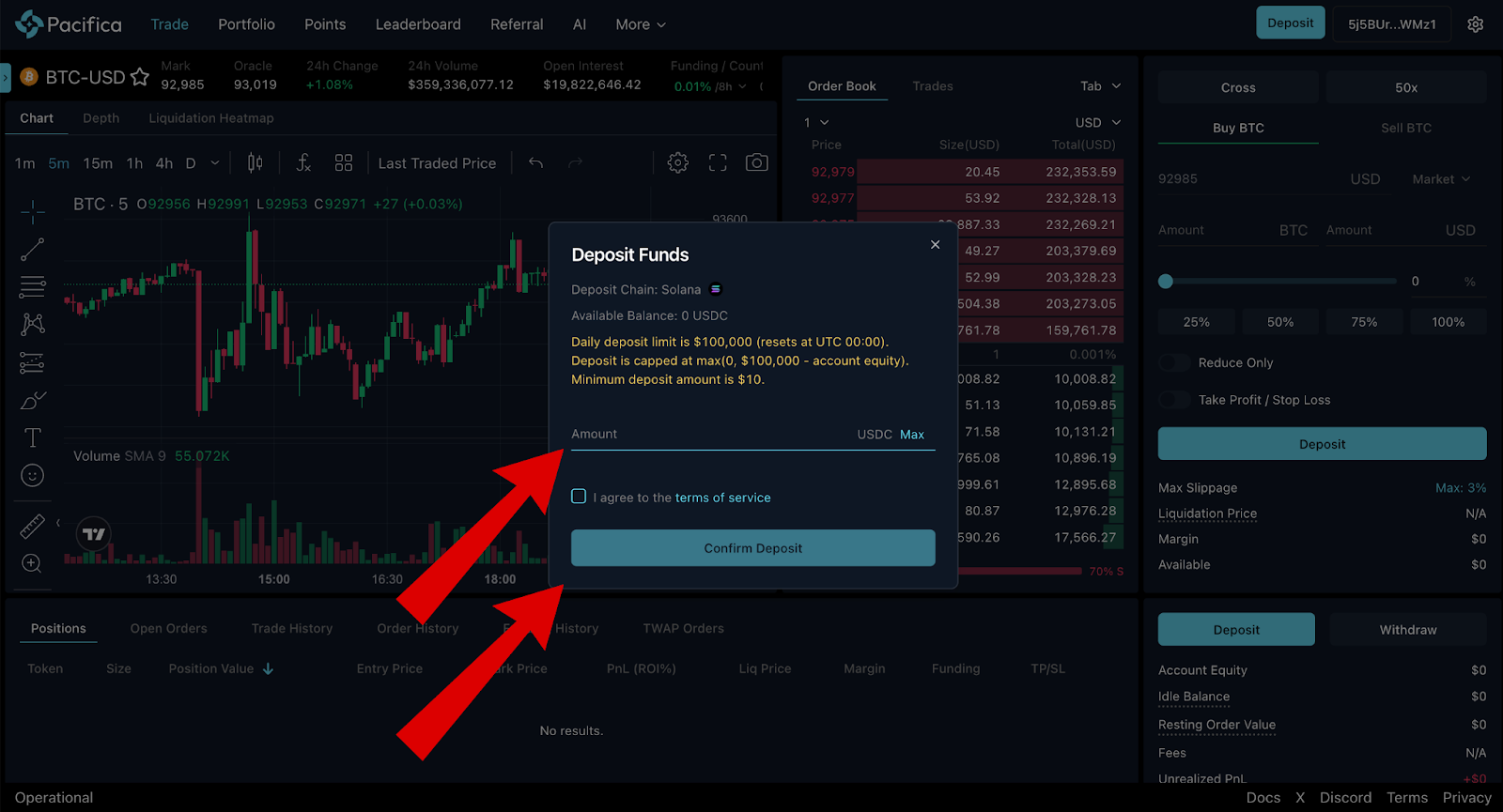 Màn hình gửi tiền Airdrop Pacifica