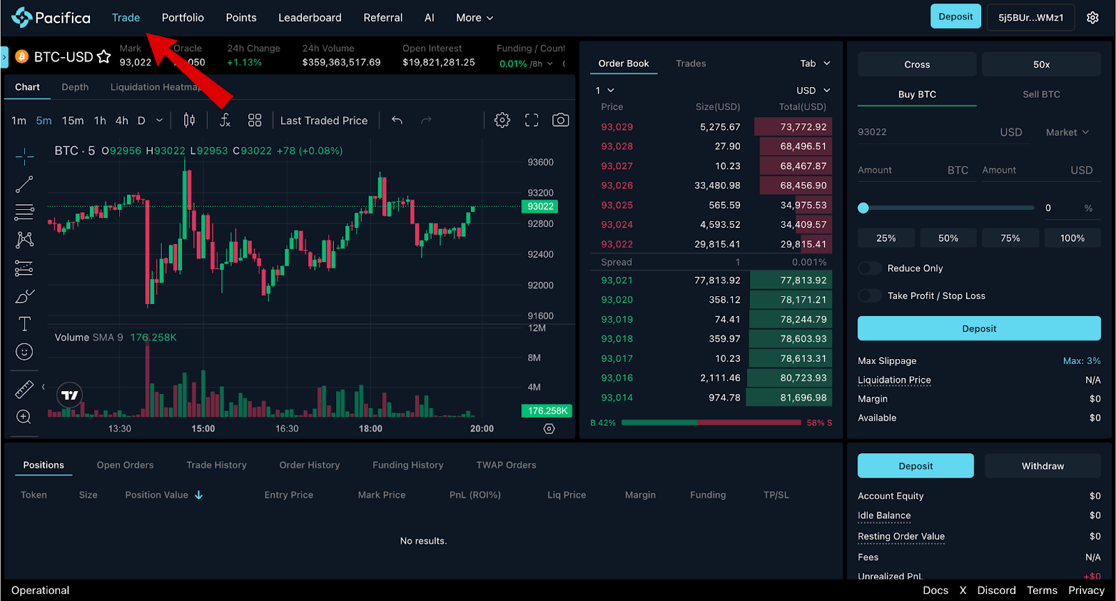 Màn hình giao dịch Airdrop Pacifica