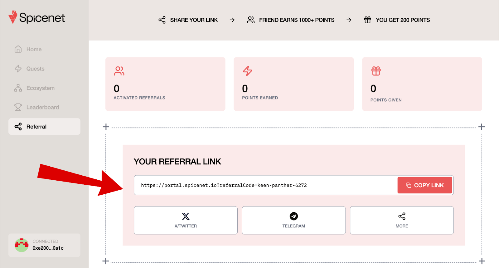 Spicenet airdrop referral program screen