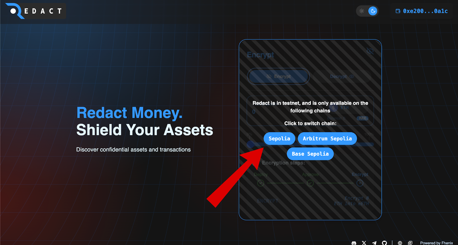 Màn hình chọn mạng Fhenix Testnet