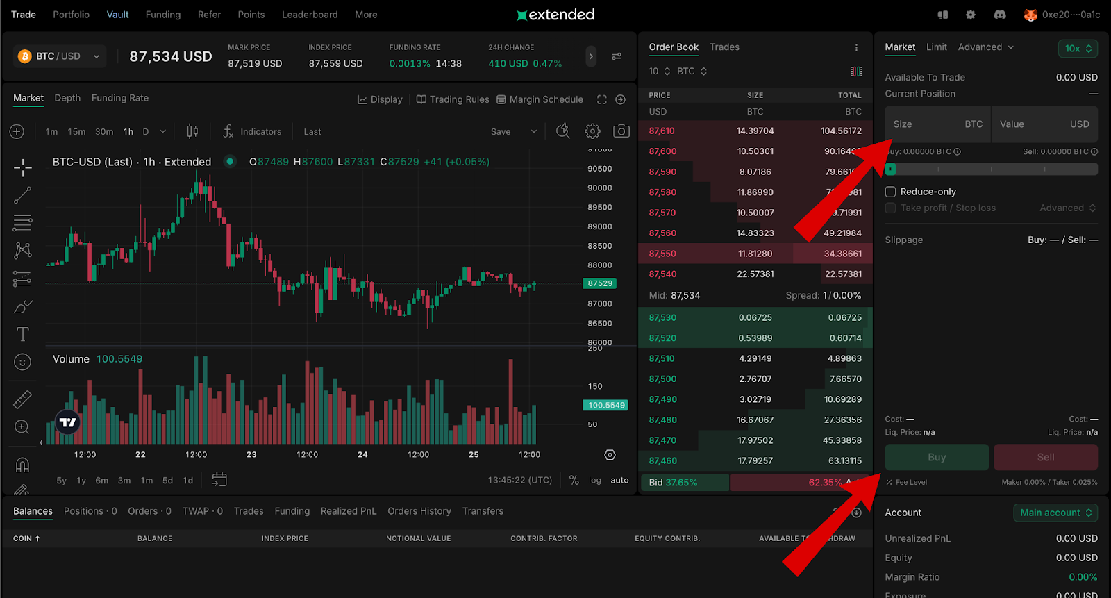 Màn hình giao dịch Airdrop Extended Exchange