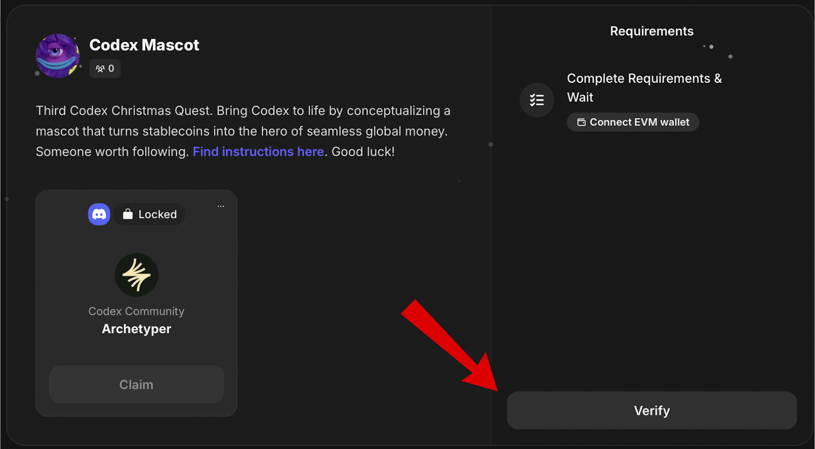 Codex airdrop Christmas Quest screen